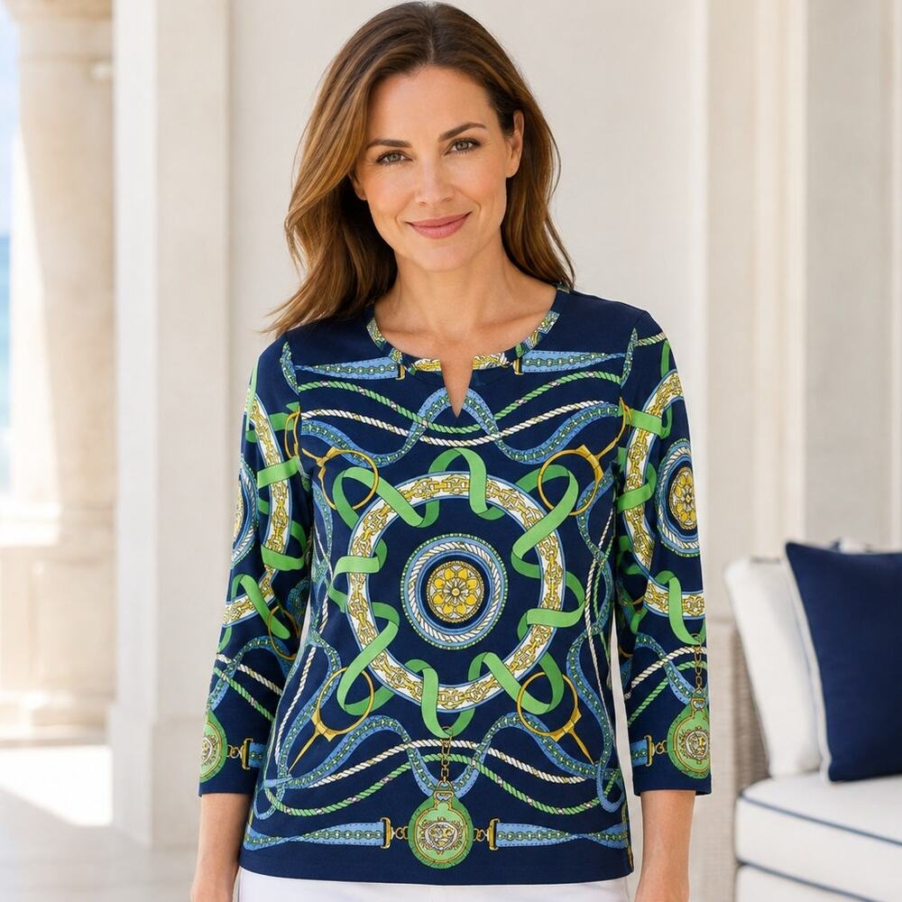 J McLaughlin Catalina Cloth Top Size Small Navy Green Geo 3/4 Sleeve Coastal